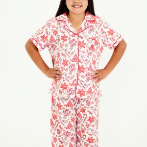 Girls - Sweet Christmas White Jersey Knit Cotton - Short Top/Long Pants PJ Set