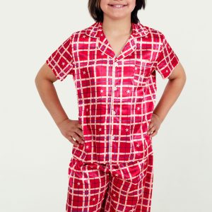 Boys Starry Tartan Red Satin Short Sleeve/Long Pants Pyjama Set