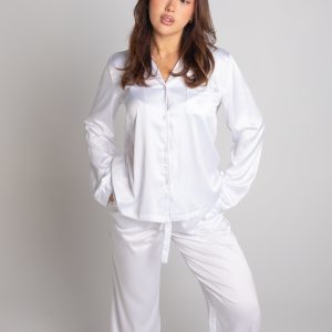 Women's White (With White Piping) Satin - Long Sleeve / Long Pants Set