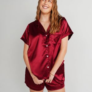 Womens Cherry Wine Satin Short Pyjama Set