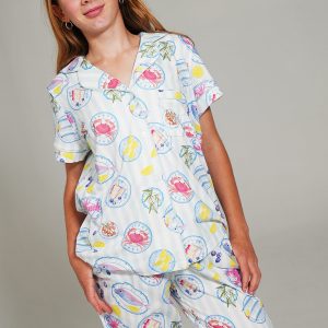 Girls - Seaside Picnic Jersey Knit Cotton Short Top / Long Pants PJ Set