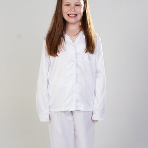 Girls - White (With White Piping) Satin Long Sleeve / Long Pants PJ Set