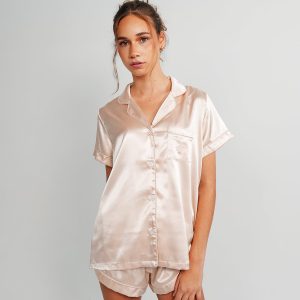 Womens Almond Latte Satin Short PJ Set