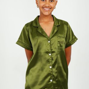 Womens Olive Green Satin Short PJ Set