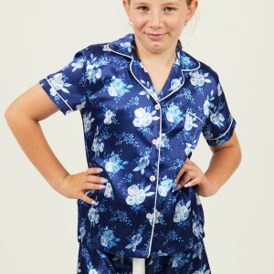 Girls Navy Blossom Satin Short Pyjama Set