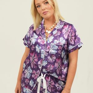 Purple Hibiscus Short Satin Pyjama Set