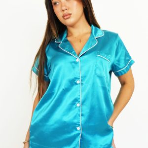 Womens Turquoise Satin Short Pyjama Set