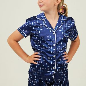 Girls Seaside Navy Satin Short Pyjama Set