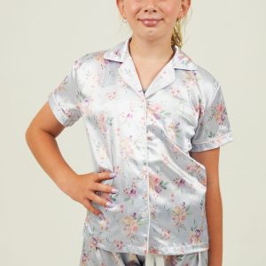 Girls Lilac Blossom Satin Short Pyjama Set