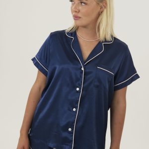 Womens Navy Blue Satin Short Pyjama Set