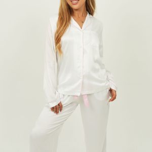 Womens White Matte Satin Long Pyjama Set