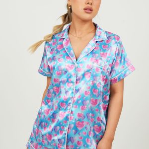 Diamond Hearts Blue Satin Short PJ Set