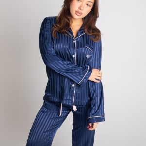 Women's Navy Stripes Satin Long Sleeve Pants Set