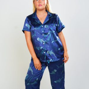 Women's Creatures Of The Deep Satin Short Top/Long Pants PJ Set