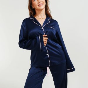 Womens Navy Blue Matte Satin Long Sleeve Pants Pyjama Set