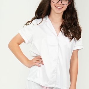 Girls White Matte Satin Short Pyjama Set