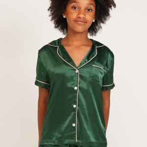 Girls Forest Green Satin Short Pyjama Set