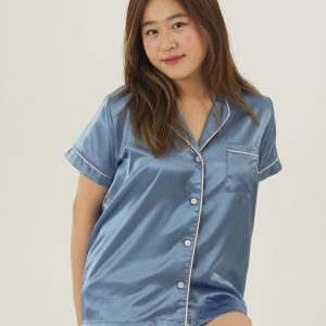 Womens Royal Blue Satin Short Pyjama Set