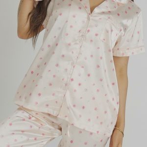 Champagne Rose Satin Short Top/ Long Pants Pyjama Set