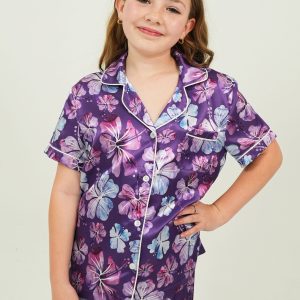 Girls Purple Hibiscus Satin Short Pyjama Set
