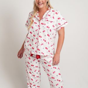 Cherries And Berries Jersey Knit Cotton Short Top / Long Pants PJ Set