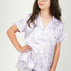 Girls Purple Daisy Satin Short Pyjama Set