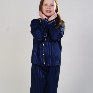 Girls - Navy Stripes Satin Long Sleeve Pants Set