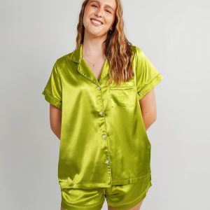 Womens Green Apple Satin Short PJ Set