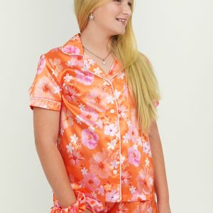 Girls - Hawaiian Daze Orange Satin Short PJ Set