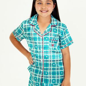 Girls - Starry Tartan Green Satin Short PJ Set