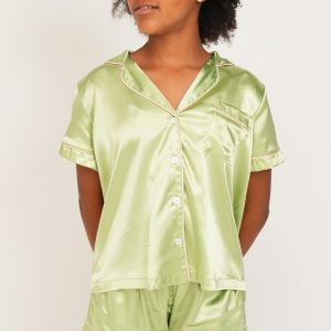 Girls Sage Green Satin Short Pyjama Set