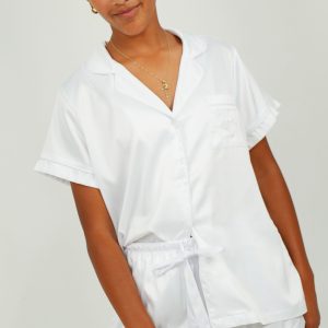Womens White (With White Piping) Satin Short Pyjama Set