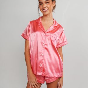 Womens Coral Pink Satin Short Pyjama Set