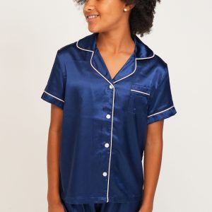 Girls Navy Blue Satin Short Pyjama Set