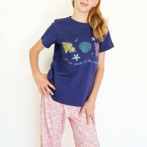 Girls - Navy Seashells T-Shirt & Long Pants PJ Set