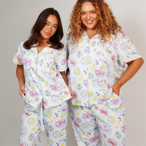 Seaside Picnic Jersey Knit Cotton Short Top / Long Pants PJ Set