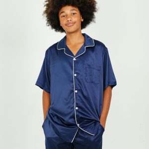 Mens Navy Matte Satin Short Pyjama Set