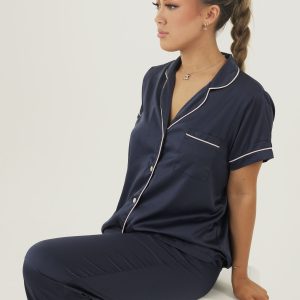 Matte Navy Satin Short Top/Long Pants PJ Set