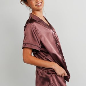 Womens Chocolate Satin Short PJ Set