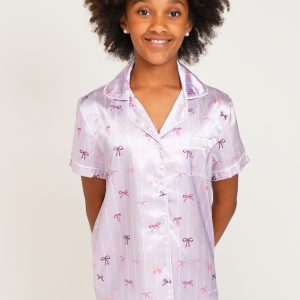 Girls - Lilac Ballet Bows Satin Short Pyjama Set