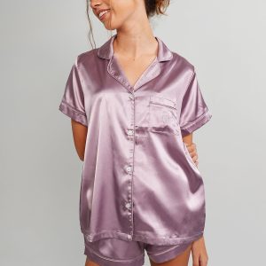 Womens Dusty Plum Satin Short PJ Set
