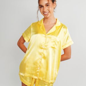 Womens Lemon Yellow Satin Short PJ Set