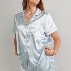 Womens Baby Blue (With Blue Piping) Satin Short Pyjama Set