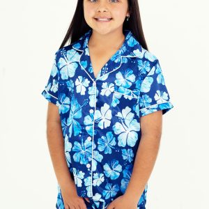 Girls Navy Hibiscus Short Satin Pyjama Set