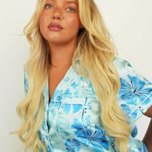 Aqua Hibiscus Short Satin PJ Set