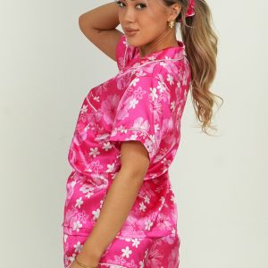 Hawaiian Daze - Pink Short Satin PJ Set