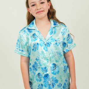 Girls Aqua Hibiscus Satin Short Pyjama Set