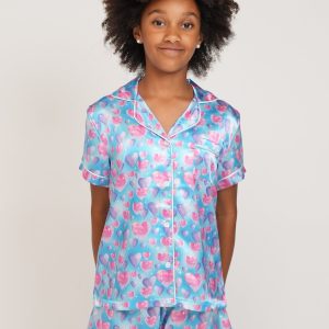 Girls - Diamond Hearts Blue Satin Short PJ Set