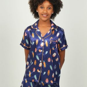 Girls - Beetles Navy Satin Short PJ Set