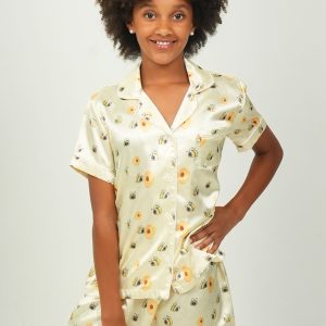 Girls - Yellow Bumble Bees Satin Short PJ Set